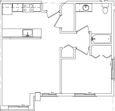 A floor plan of a house with a kitchen, living room, and bathroom.